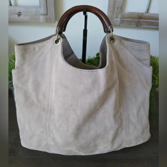 Banana Republic Suede HOBO Bag With Wooden Handles - Picture 2 of 14